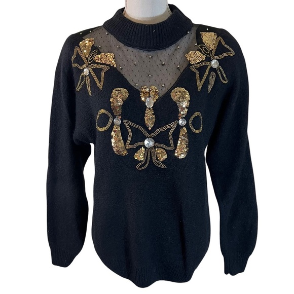 Work in Progress Sweaters - Work in Progress Vintage 80s Sweater Medium Sequins Beaded Embellished Lace Knit